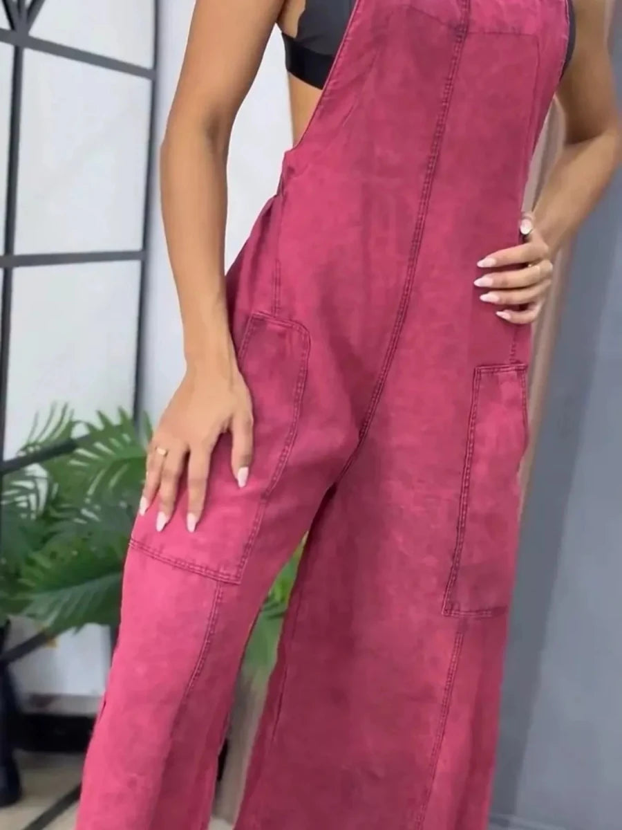 Full Size Vintage Wash Wide Leg Denim Overalls Plus Size - Brick + Boho