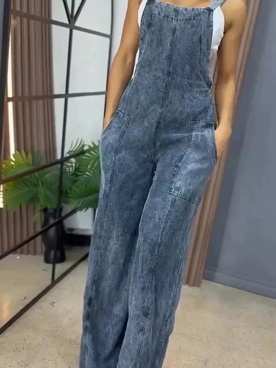 Full Size Vintage Wash Wide Leg Denim Overalls Plus Size - Brick + Boho