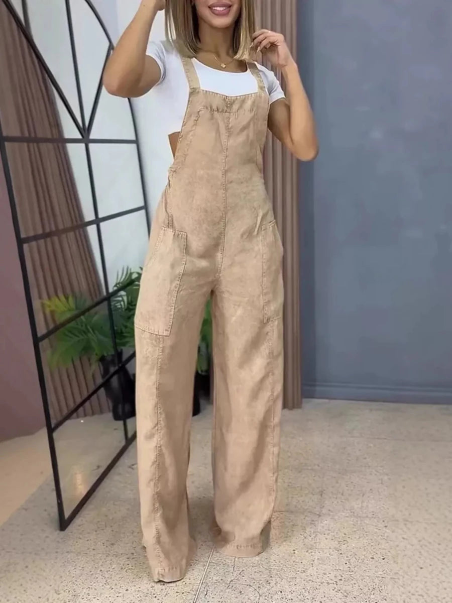 Full Size Vintage Wash Wide Leg Denim Overalls Plus Size - Brick + Boho