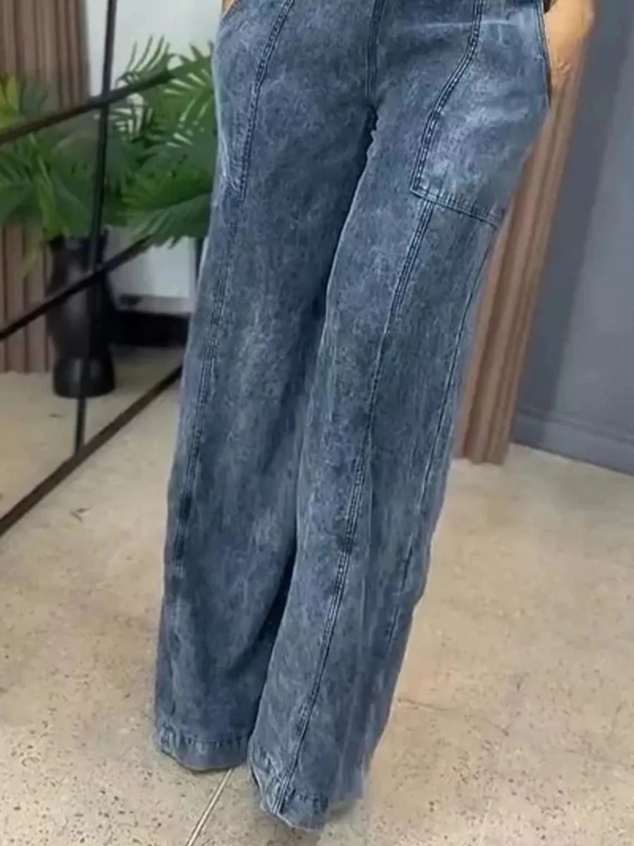 Full Size Vintage Wash Wide Leg Denim Overalls Plus Size - Brick + Boho