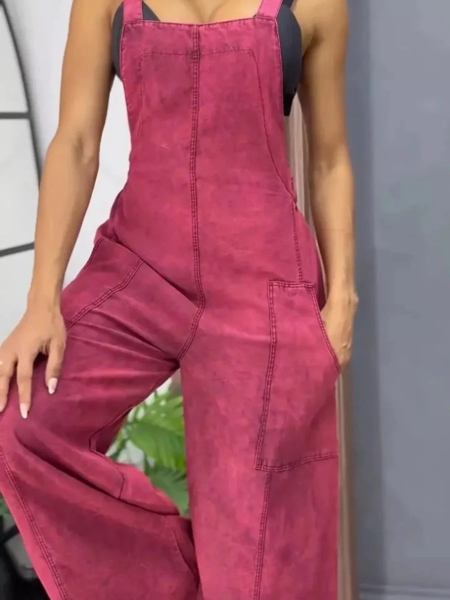 Full Size Vintage Wash Wide Leg Denim Overalls Plus Size - Brick + Boho
