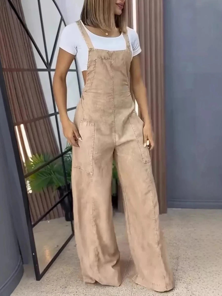 Full Size Vintage Wash Wide Leg Denim Overalls Plus Size - Brick + Boho