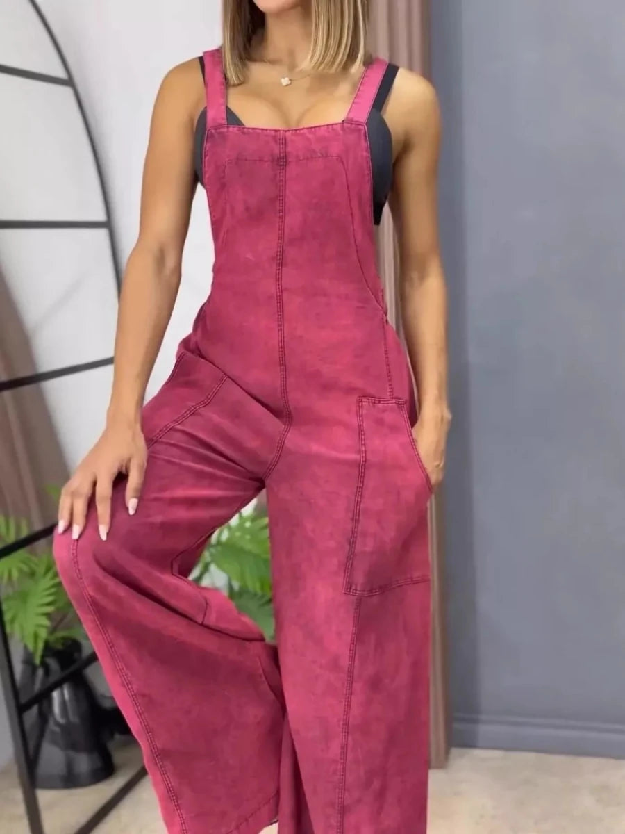 Full Size Vintage Wash Wide Leg Denim Overalls Plus Size - Brick + Boho