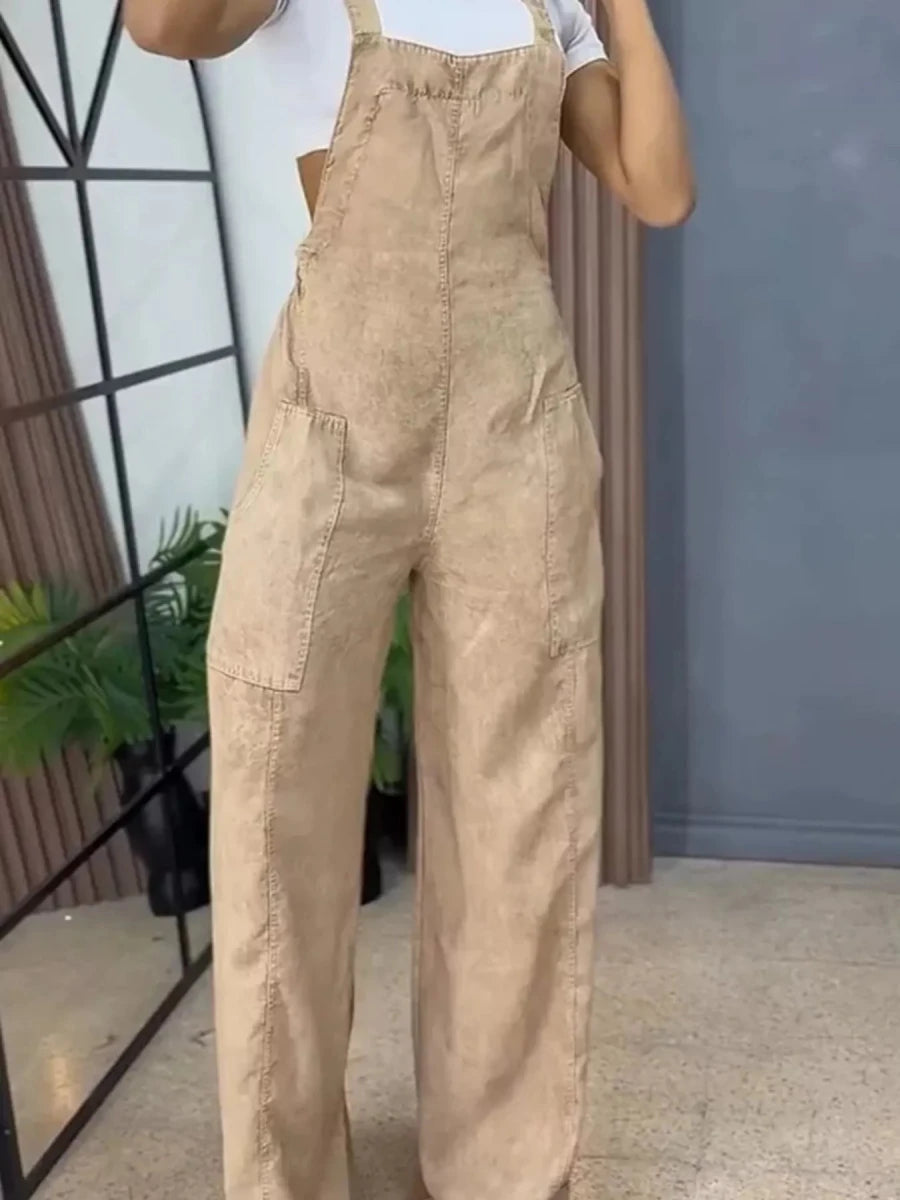 Full Size Vintage Wash Wide Leg Denim Overalls Plus Size - Brick + Boho
