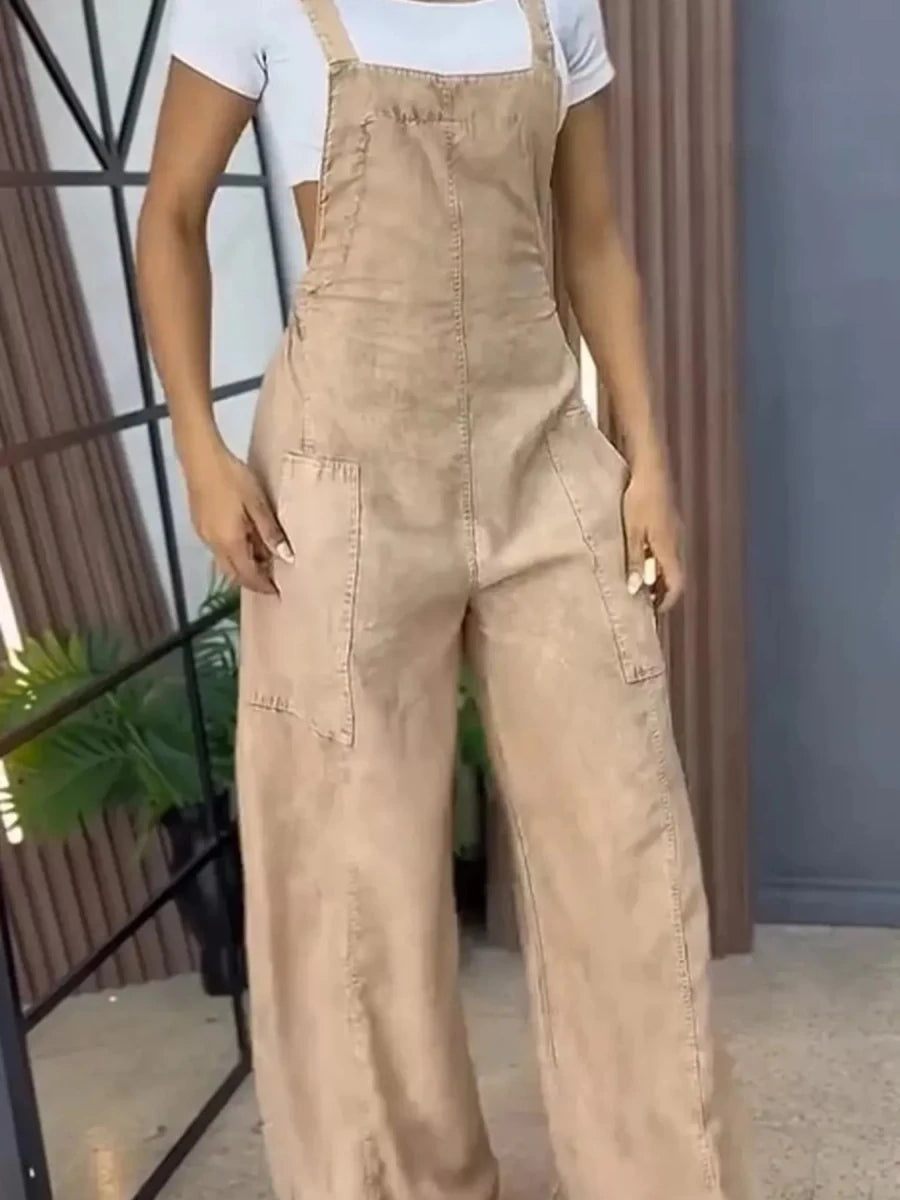 Full Size Vintage Wash Wide Leg Denim Overalls Plus Size - Brick + Boho