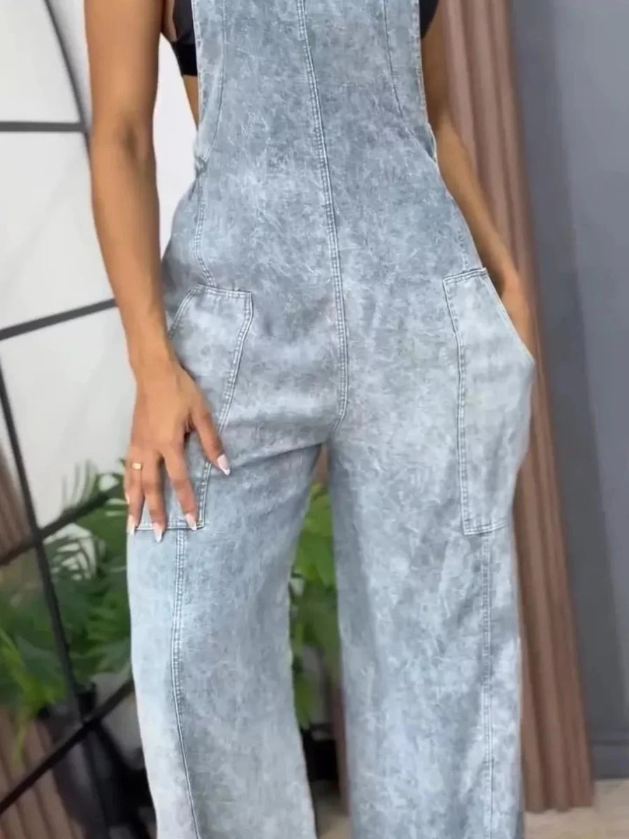 Full Size Vintage Wash Wide Leg Denim Overalls Plus Size - Brick + Boho