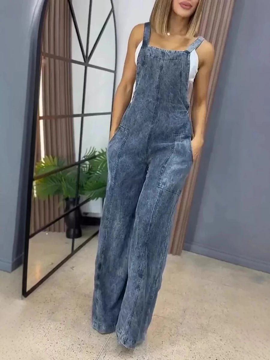 Full Size Vintage Wash Wide Leg Denim Overalls Plus Size - Brick + Boho