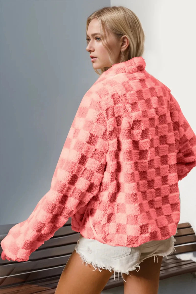 Groove Checkered Fuzzy Jacket - Brick + Boho