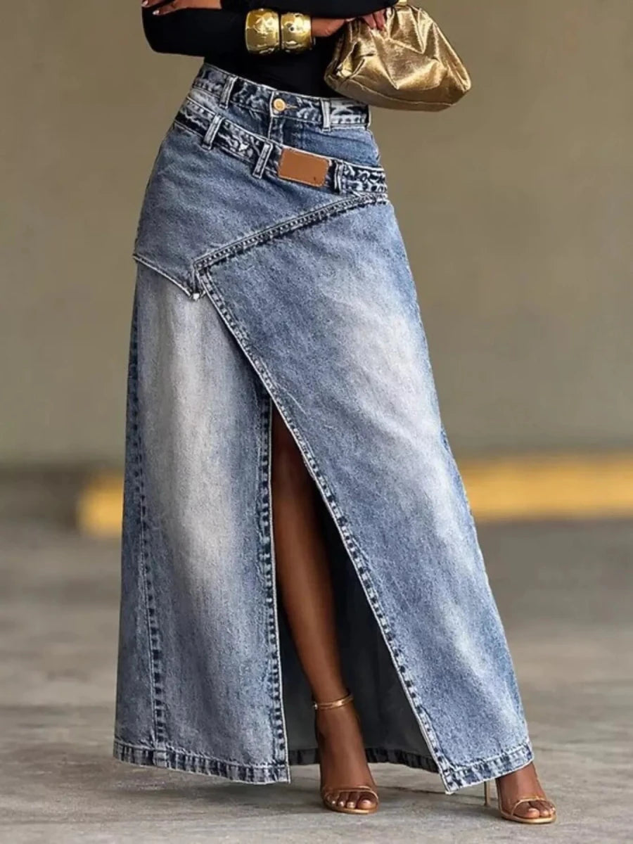 High - Waisted Slit Denim Skirt - Brick + Boho