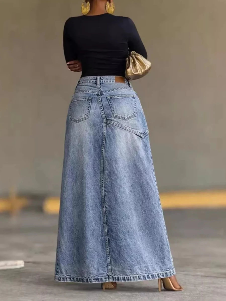 High - Waisted Slit Denim Skirt - Brick + Boho