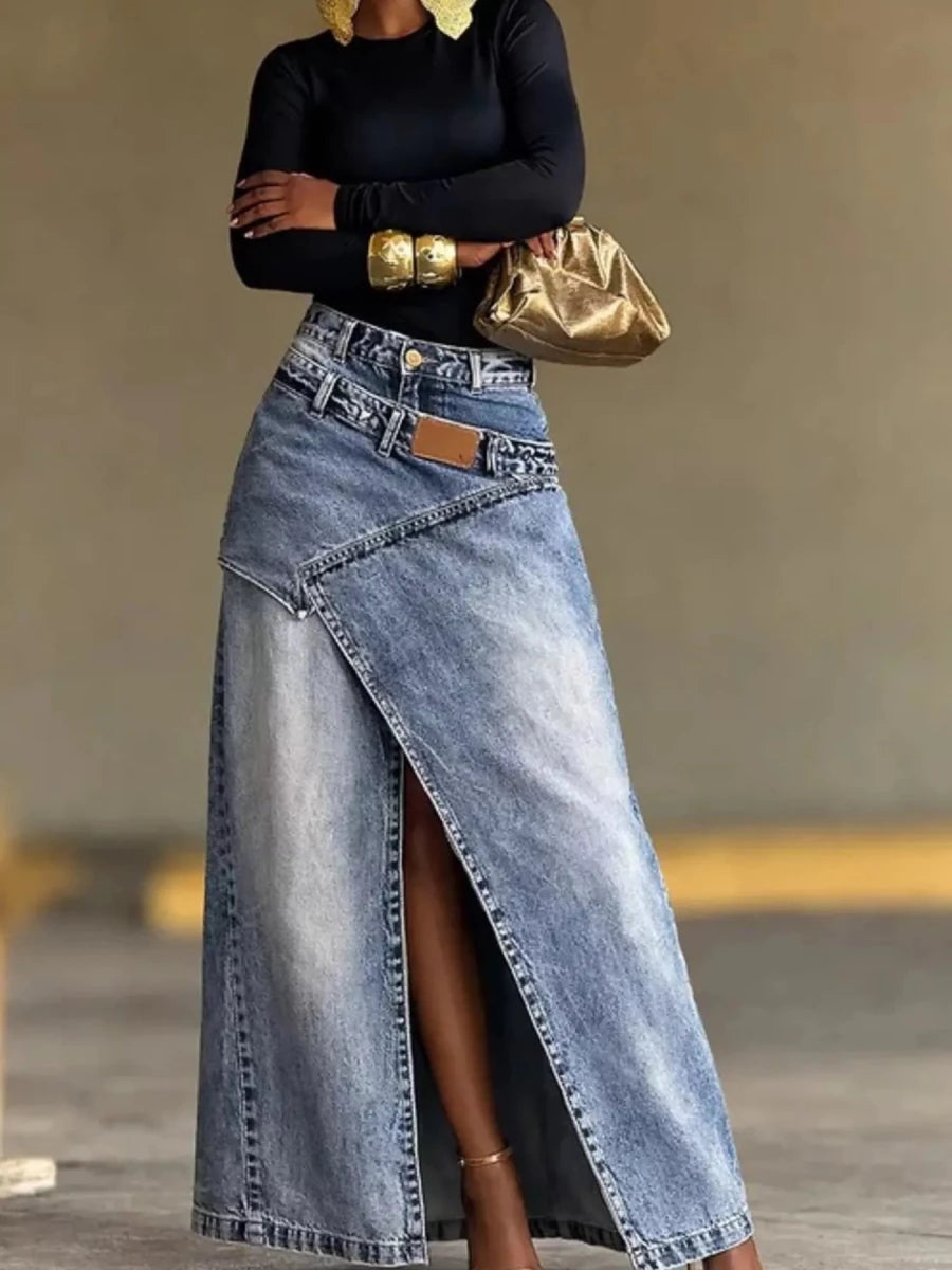 High - Waisted Slit Denim Skirt - Brick + Boho