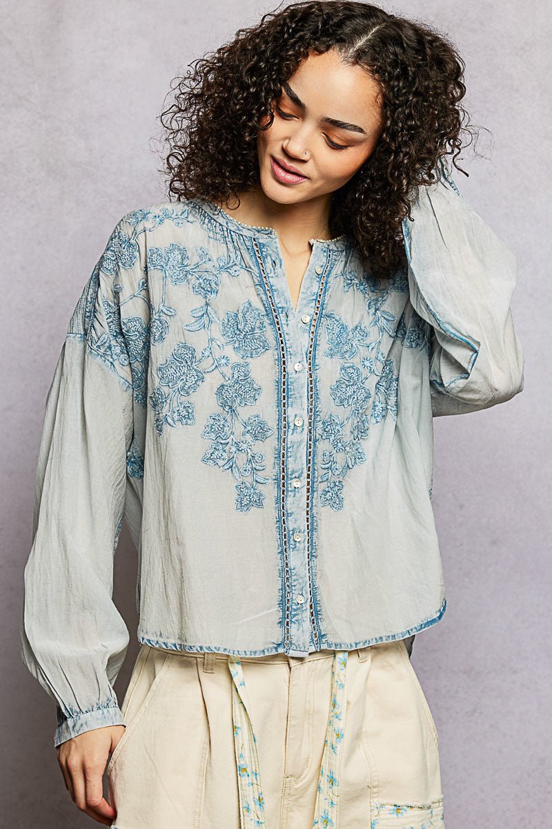 Indigo Bloom Embroidered Top - Brick + Boho