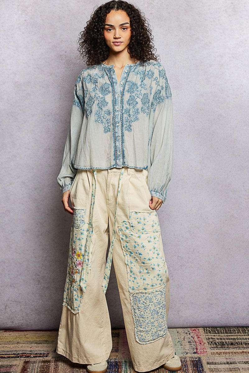 Indigo Bloom Embroidered Top - Brick + Boho