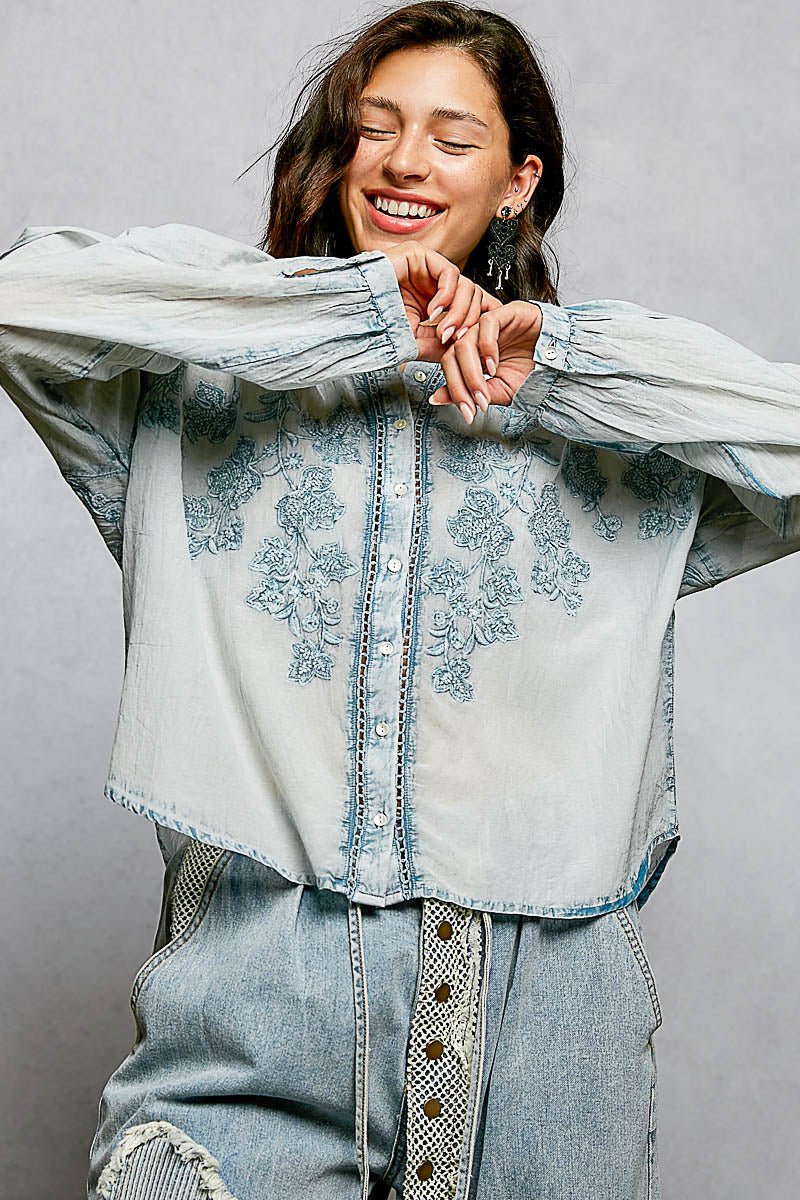 Indigo Bloom Embroidered Top - Brick + Boho