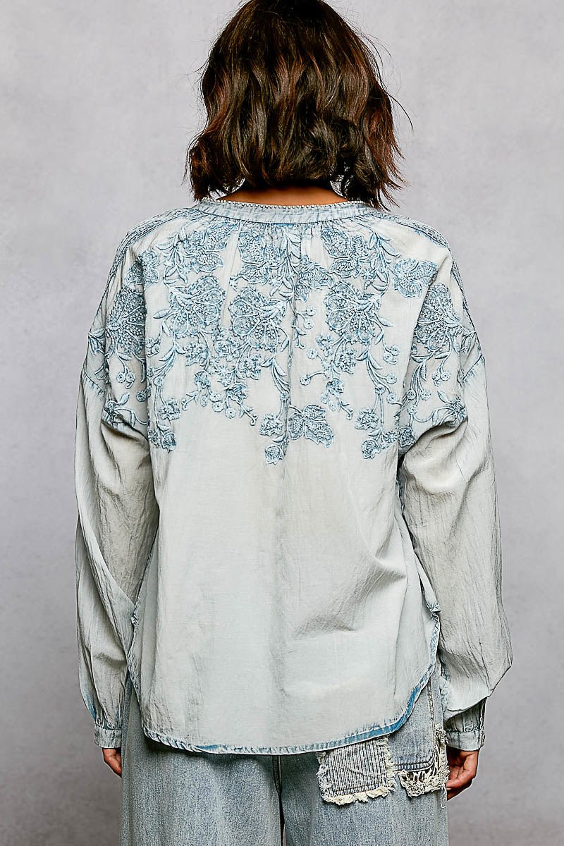Indigo Bloom Embroidered Top - Brick + Boho
