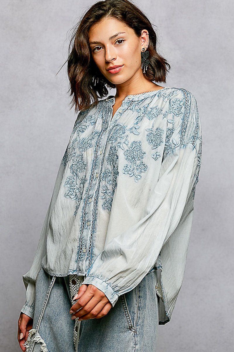 Indigo Bloom Embroidered Top - Brick + Boho