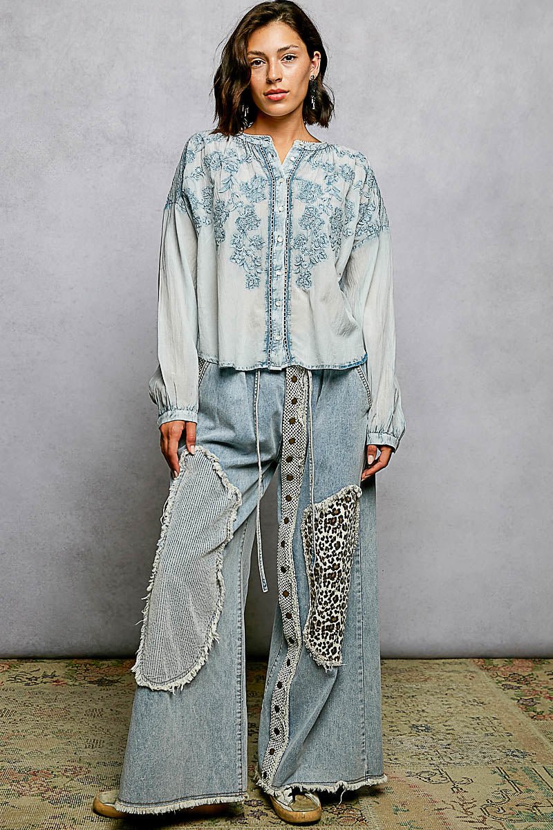Indigo Bloom Embroidered Top - Brick + Boho