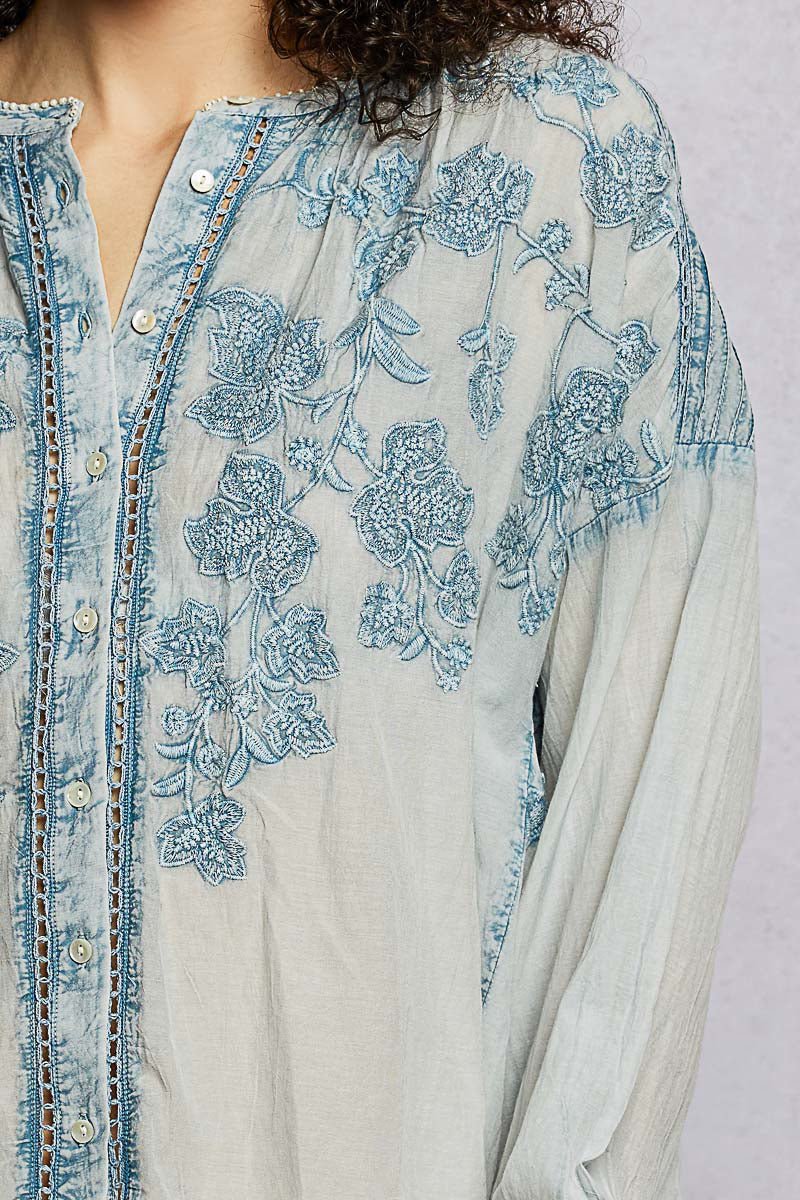 Indigo Bloom Embroidered Top - Brick + Boho