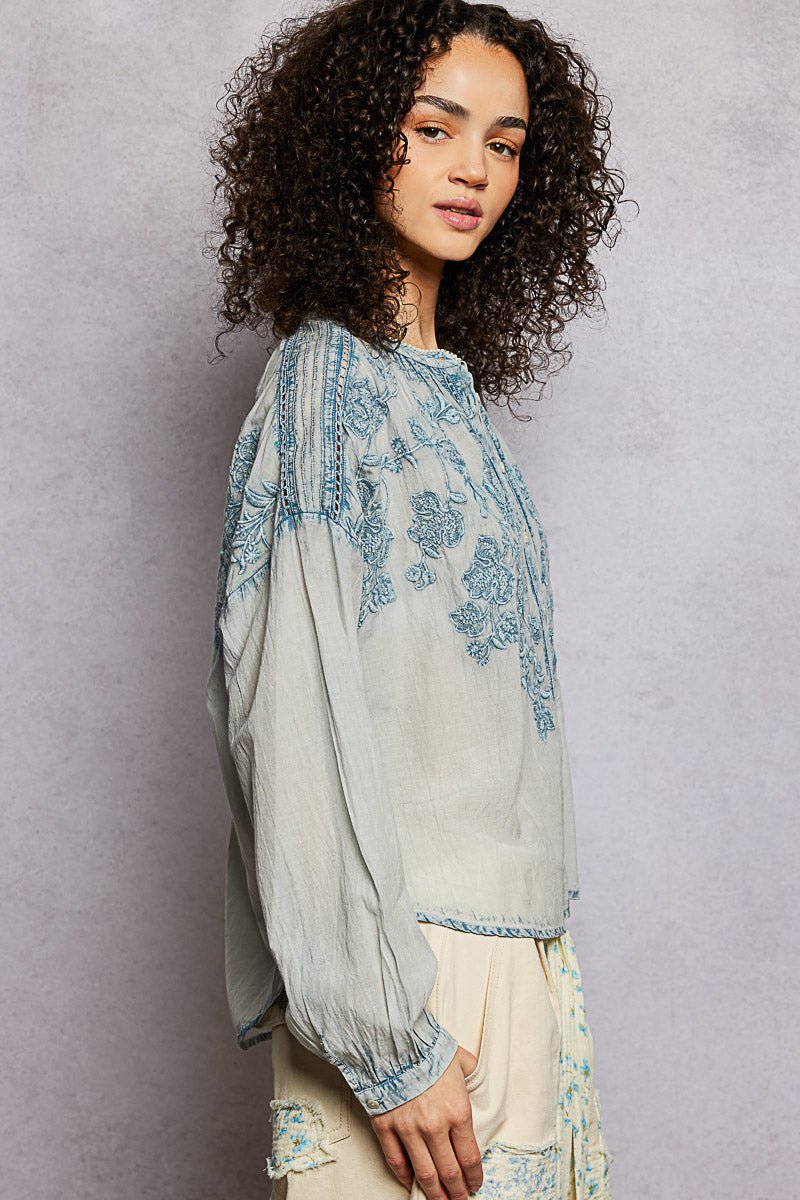 Indigo Bloom Embroidered Top - Brick + Boho