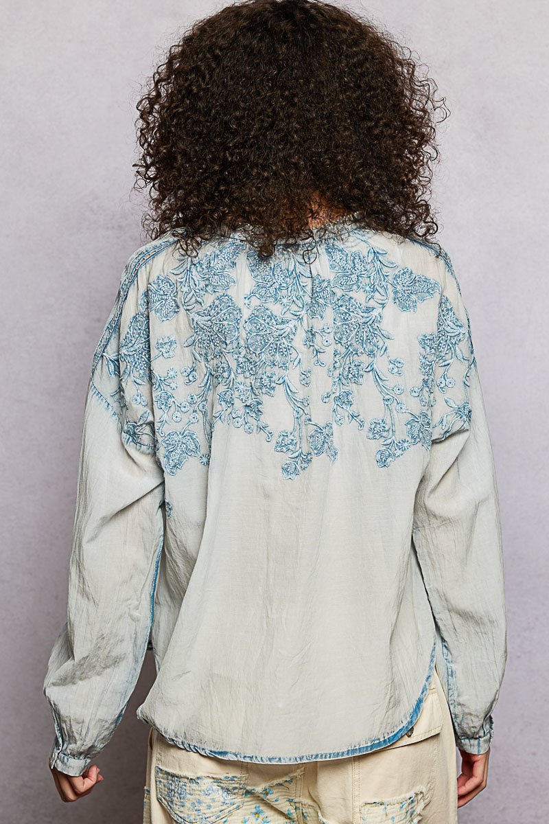 Indigo Bloom Embroidered Top - Brick + Boho
