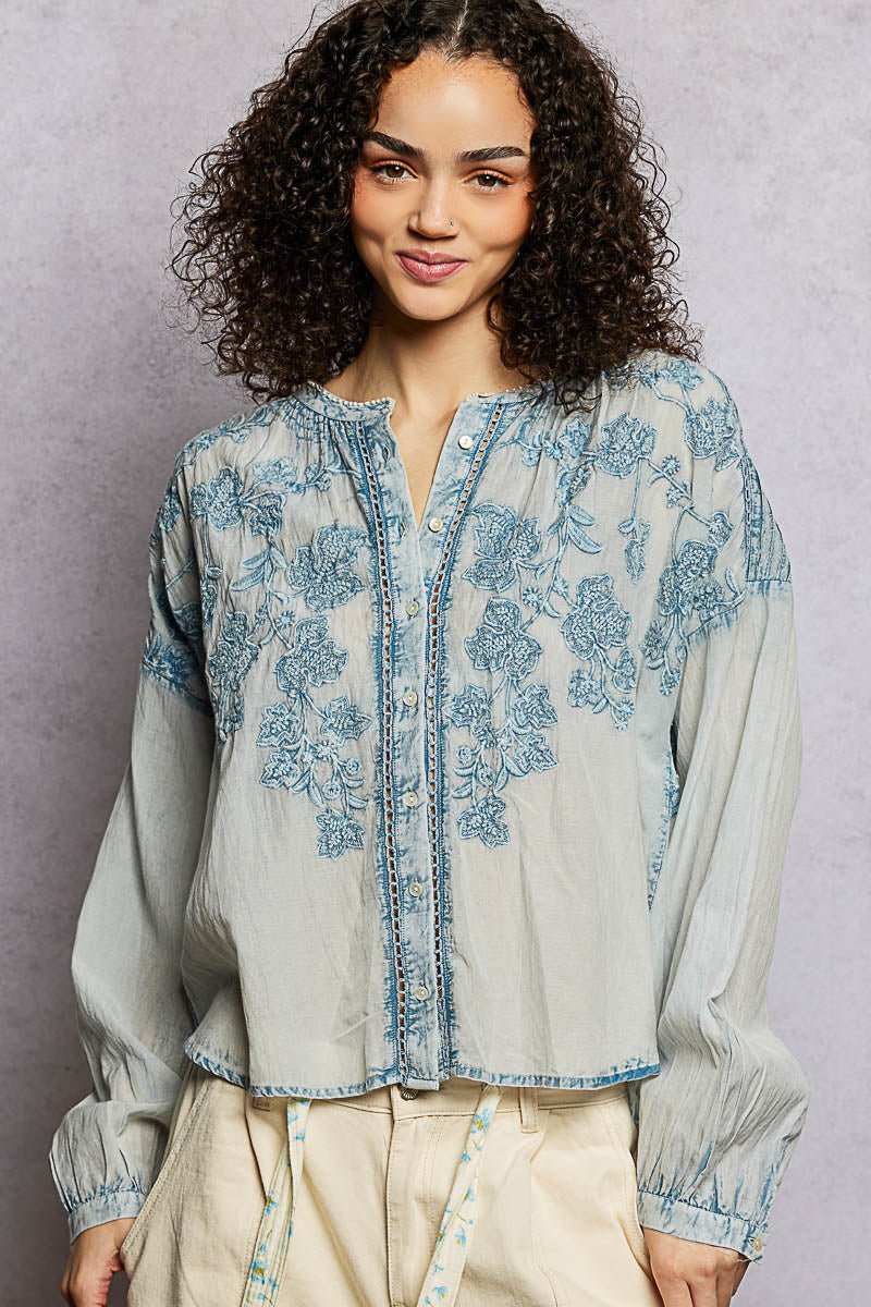 Indigo Bloom Embroidered Top - Brick + Boho