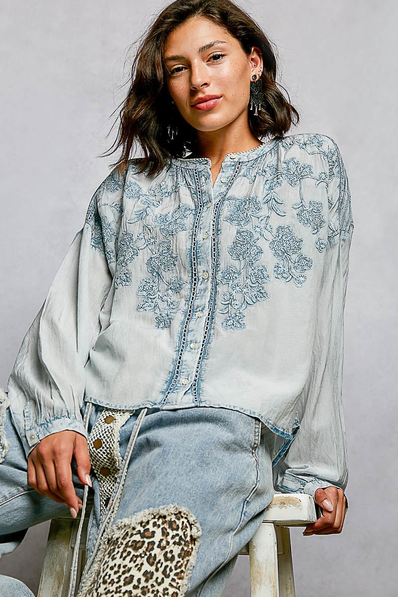 Indigo Bloom Embroidered Top - Brick + Boho