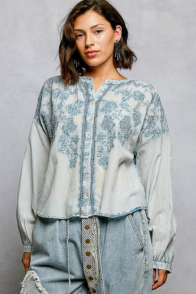 Indigo Bloom Embroidered Top - Brick + Boho