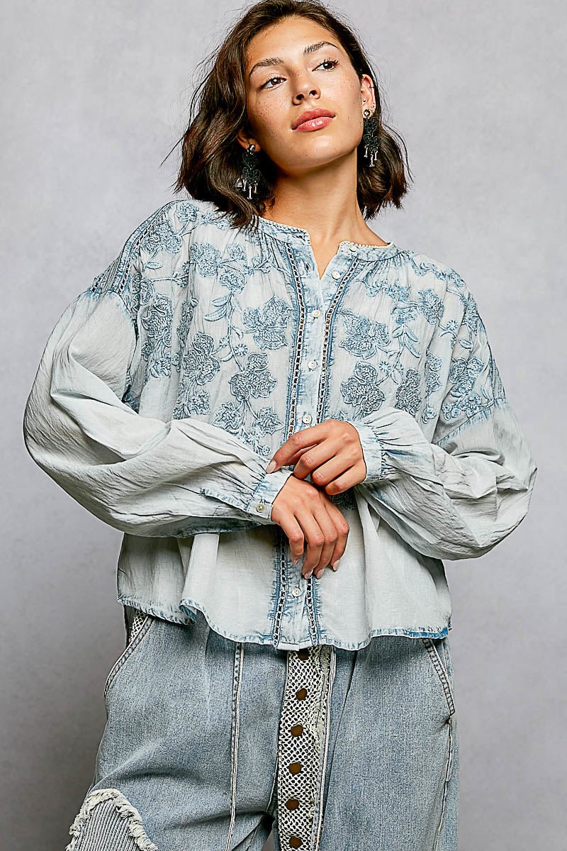Indigo Bloom Embroidered Top - Brick + Boho