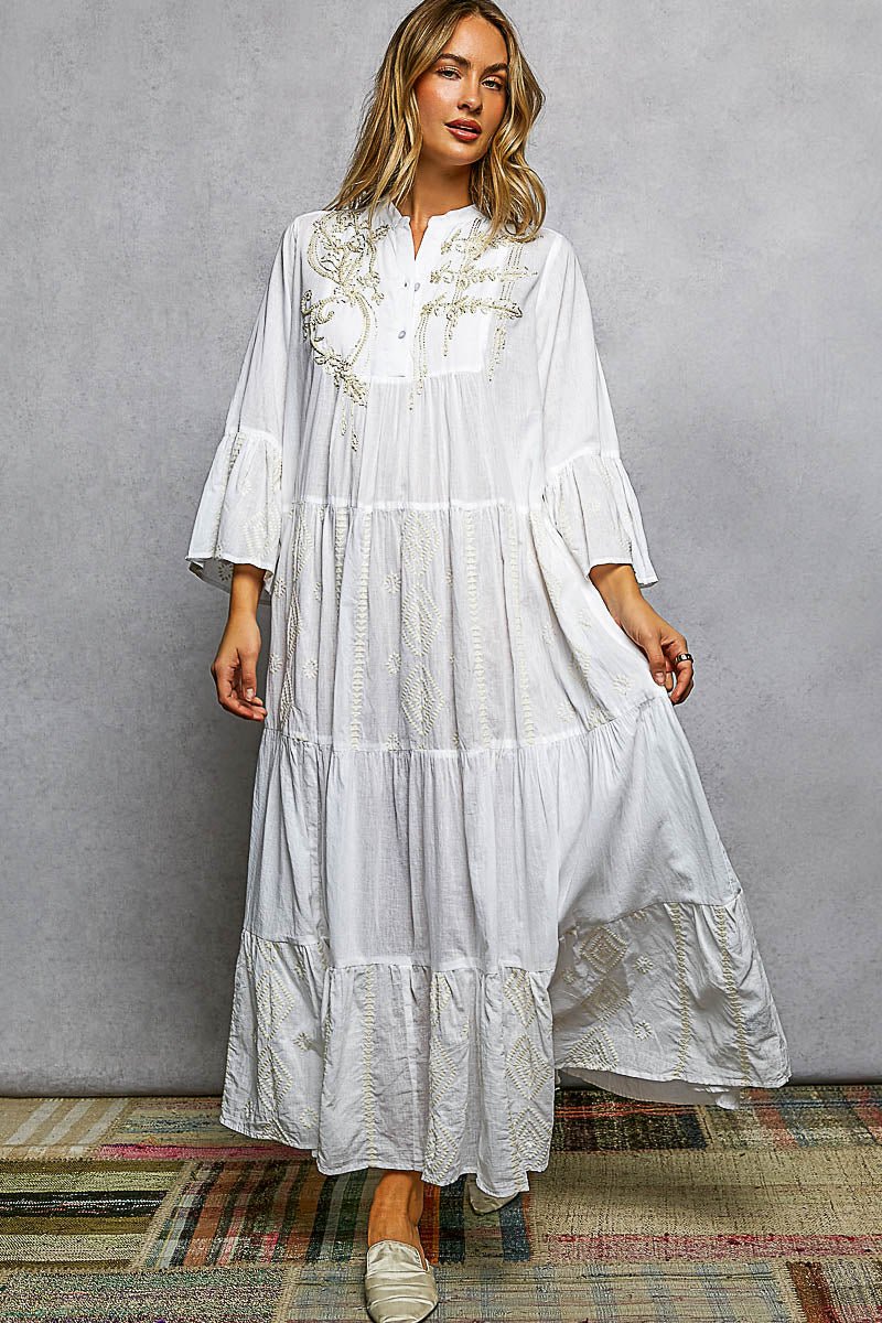 Ivory Meadow Embroidered Maxi - Brick + Boho