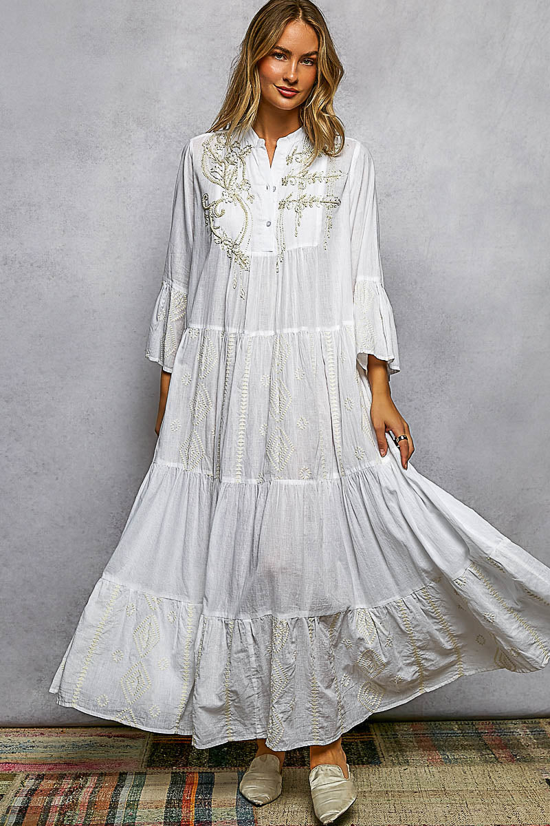 Ivory Meadow Embroidered Maxi - Brick + Boho