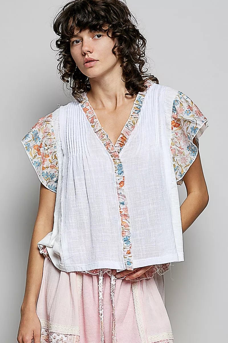 Ivory Ruffle Pintuck Blouse - Brick + Boho