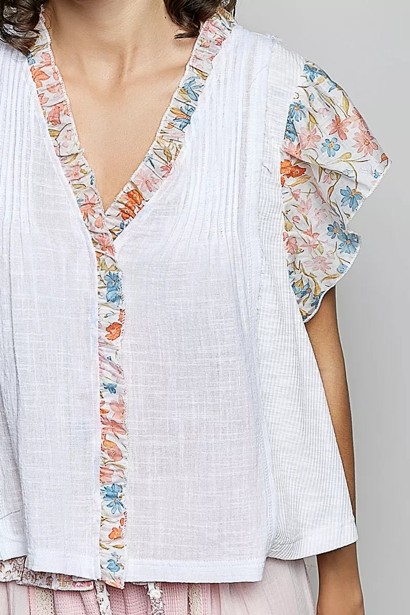 Ivory Ruffle Pintuck Blouse - Brick + Boho
