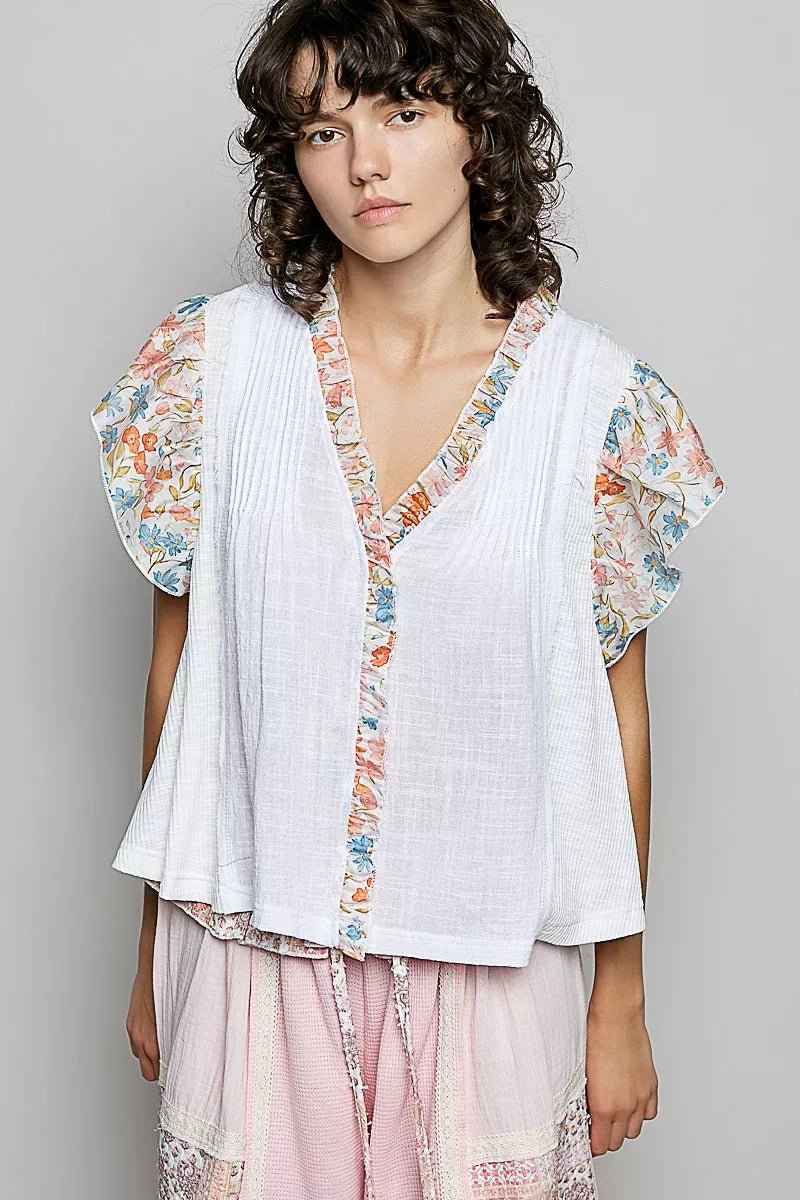 Ivory Ruffle Pintuck Blouse - Brick + Boho