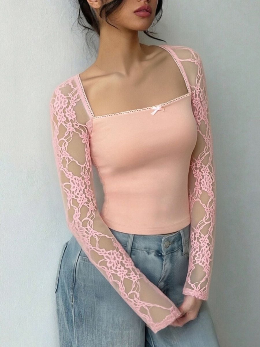 Lace Sleeve Square Neck Top - Brick + Boho
