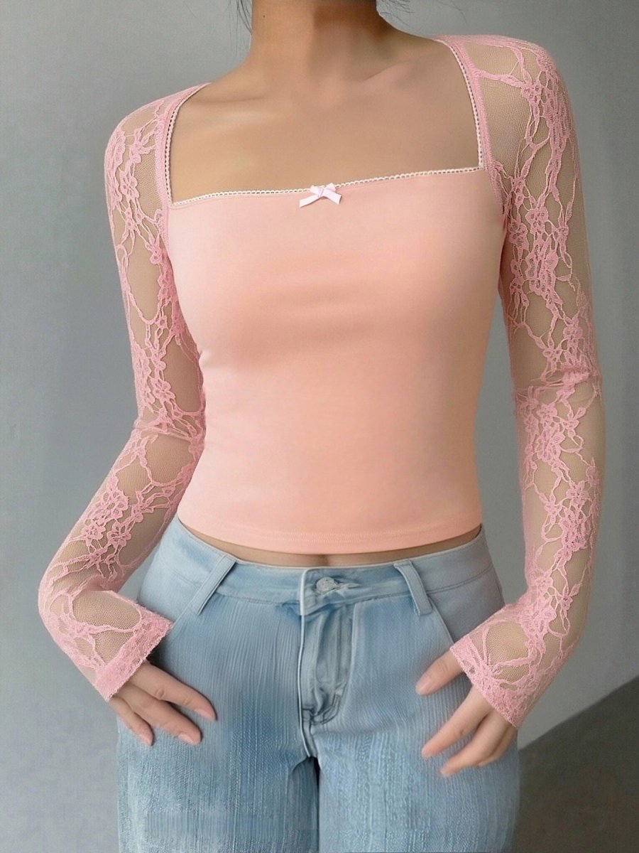 Lace Sleeve Square Neck Top - Brick + Boho