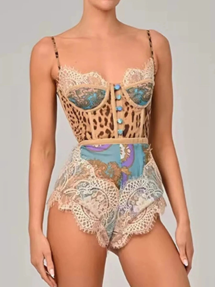 Leopard Print Lace Trim Romper - Brick + Boho