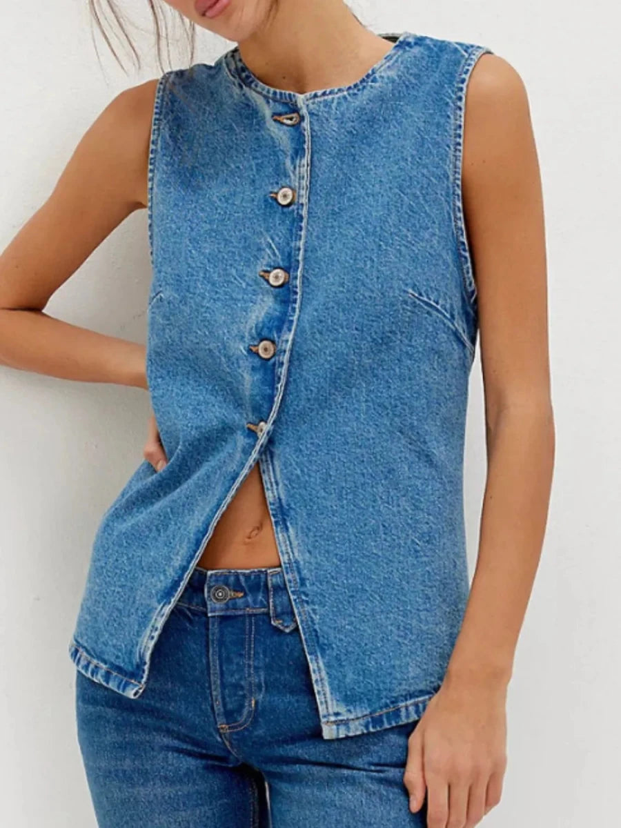 Moonlight Fringed Denim Vest - Brick + Boho