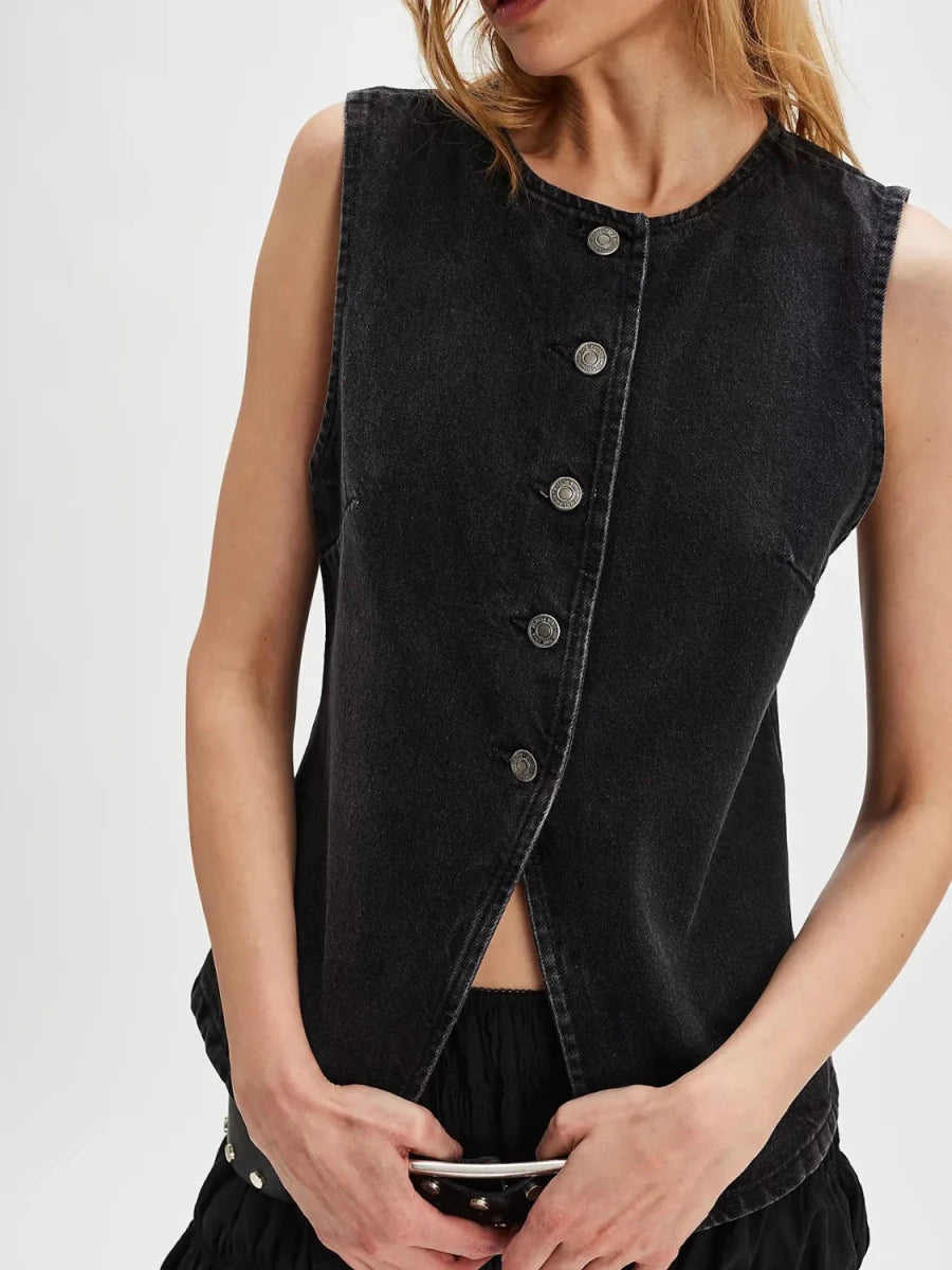 Moonlight Fringed Denim Vest - Brick + Boho