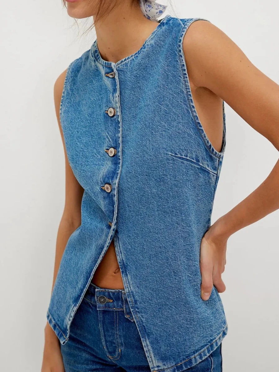 Moonlight Fringed Denim Vest - Brick + Boho