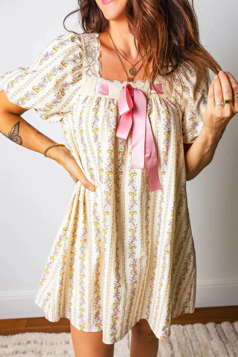 Multicolour Floral Print Contrast Ribbon Bow Lace Trim Square Neck Mini Dress - Brick + Boho