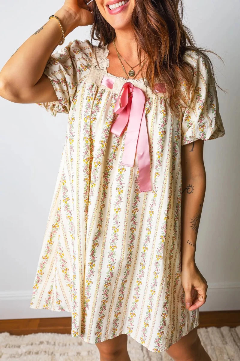 Multicolour Floral Print Contrast Ribbon Bow Lace Trim Square Neck Mini Dress - Brick + Boho
