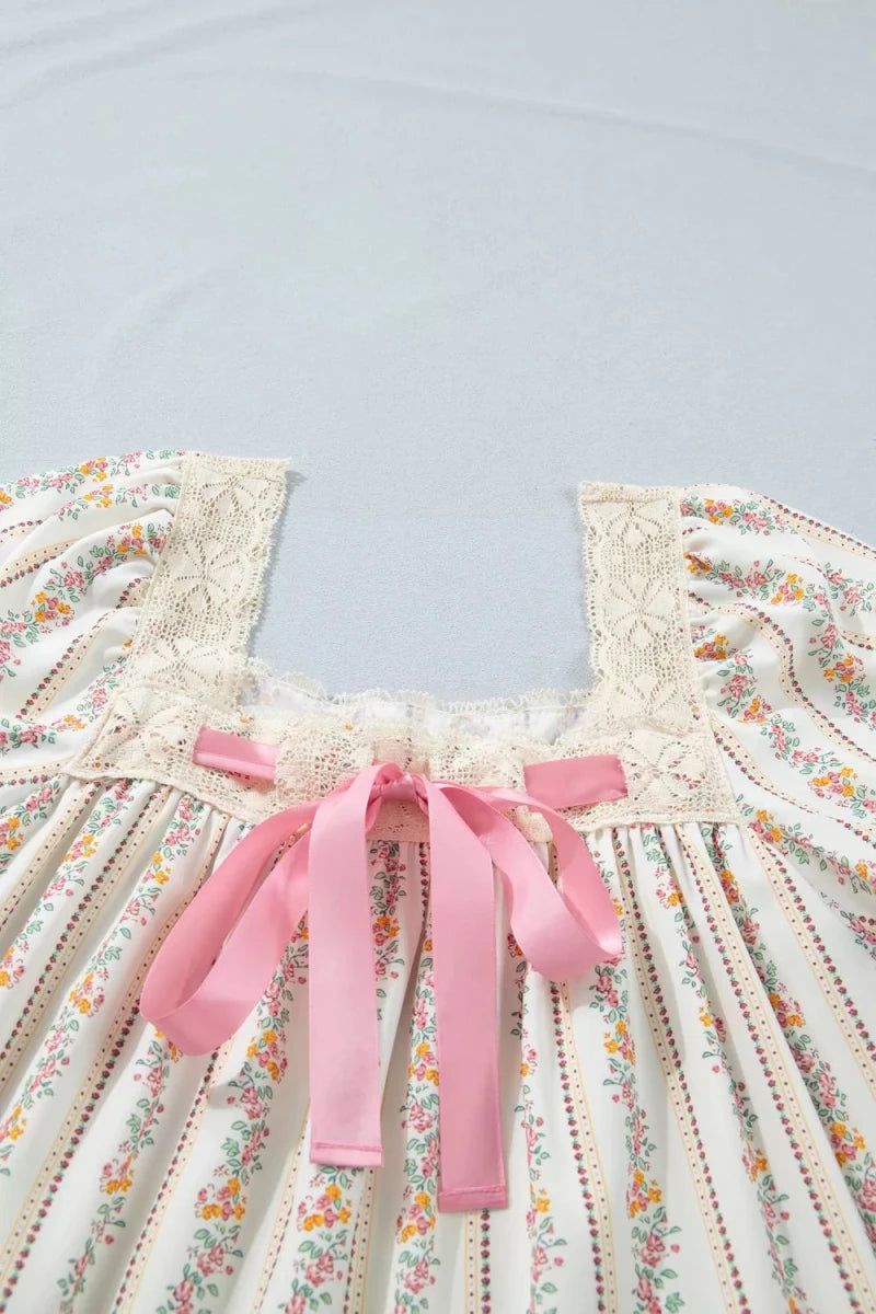 Multicolour Floral Print Contrast Ribbon Bow Lace Trim Square Neck Mini Dress - Brick + Boho