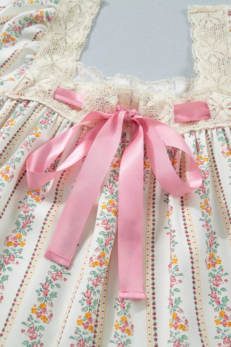 Multicolour Floral Print Contrast Ribbon Bow Lace Trim Square Neck Mini Dress - Brick + Boho