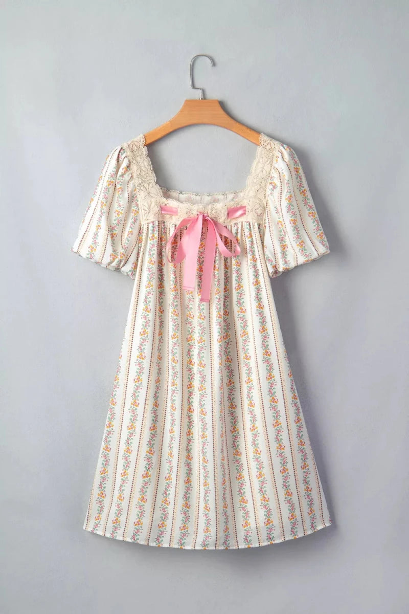 Multicolour Floral Print Contrast Ribbon Bow Lace Trim Square Neck Mini Dress - Brick + Boho