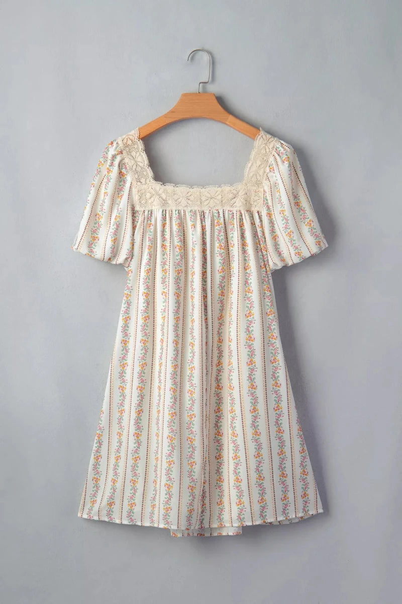 Multicolour Floral Print Contrast Ribbon Bow Lace Trim Square Neck Mini Dress - Brick + Boho
