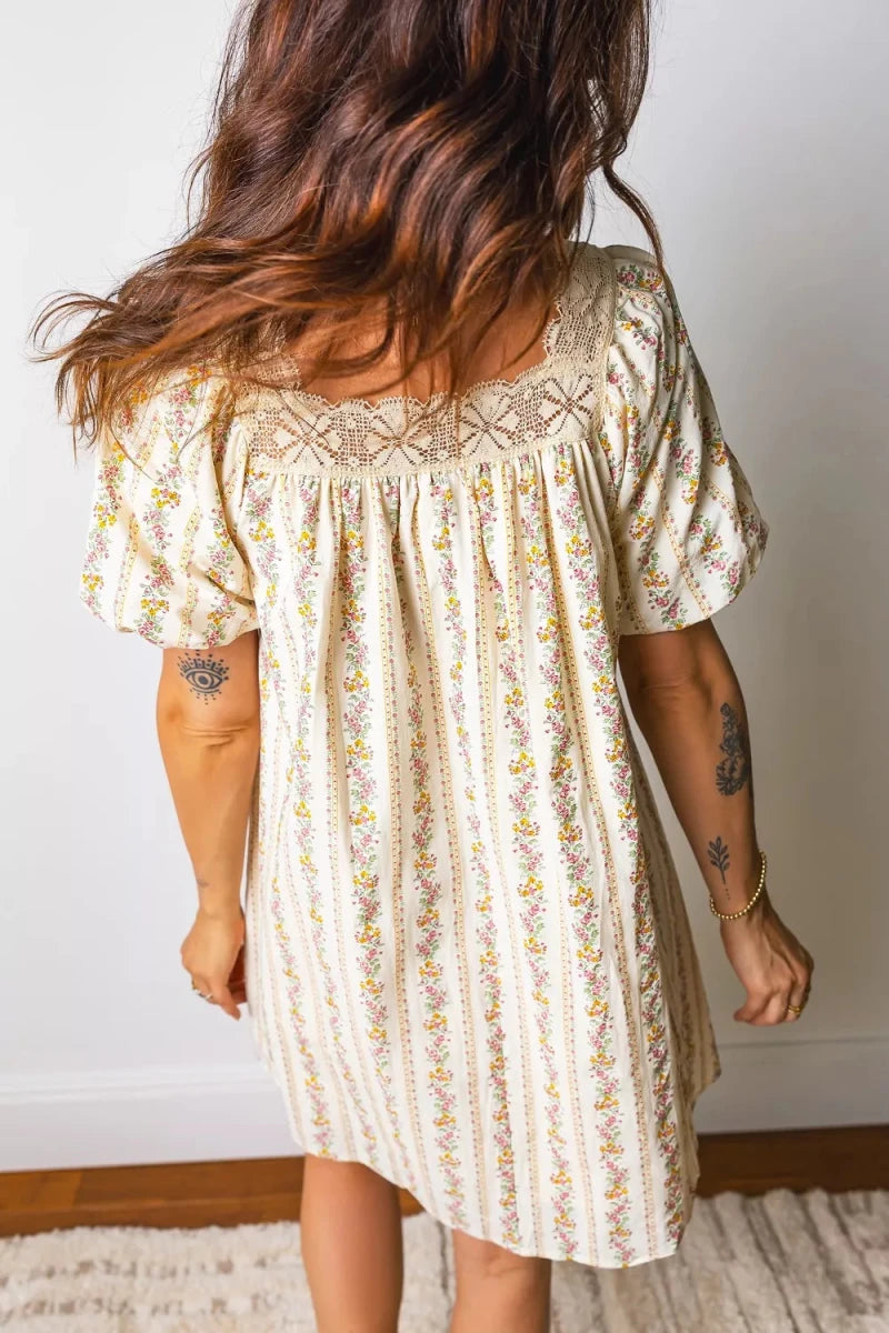 Multicolour Floral Print Contrast Ribbon Bow Lace Trim Square Neck Mini Dress - Brick + Boho