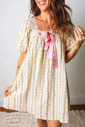 Multicolour Floral Print Contrast Ribbon Bow Lace Trim Square Neck Mini Dress - Brick + Boho