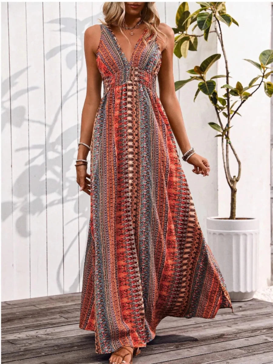 Odyssey Print Smocked Maxi - Brick + Boho
