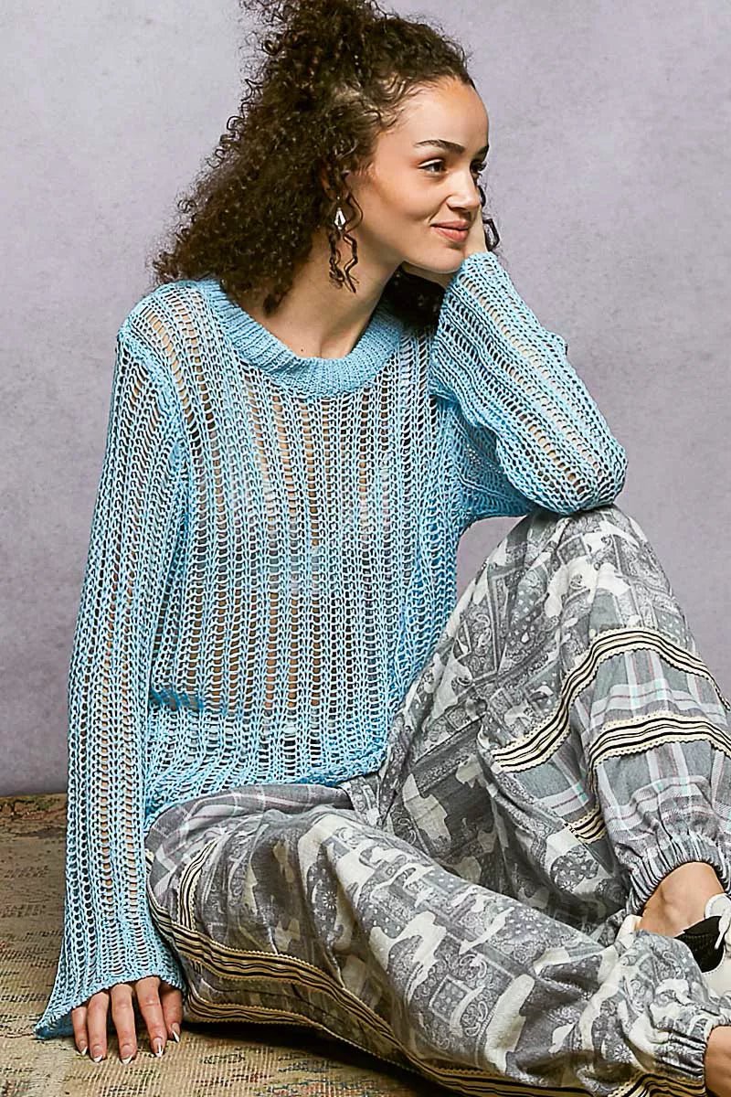 Openwork Long Sleeve Knit Top - Brick + Boho