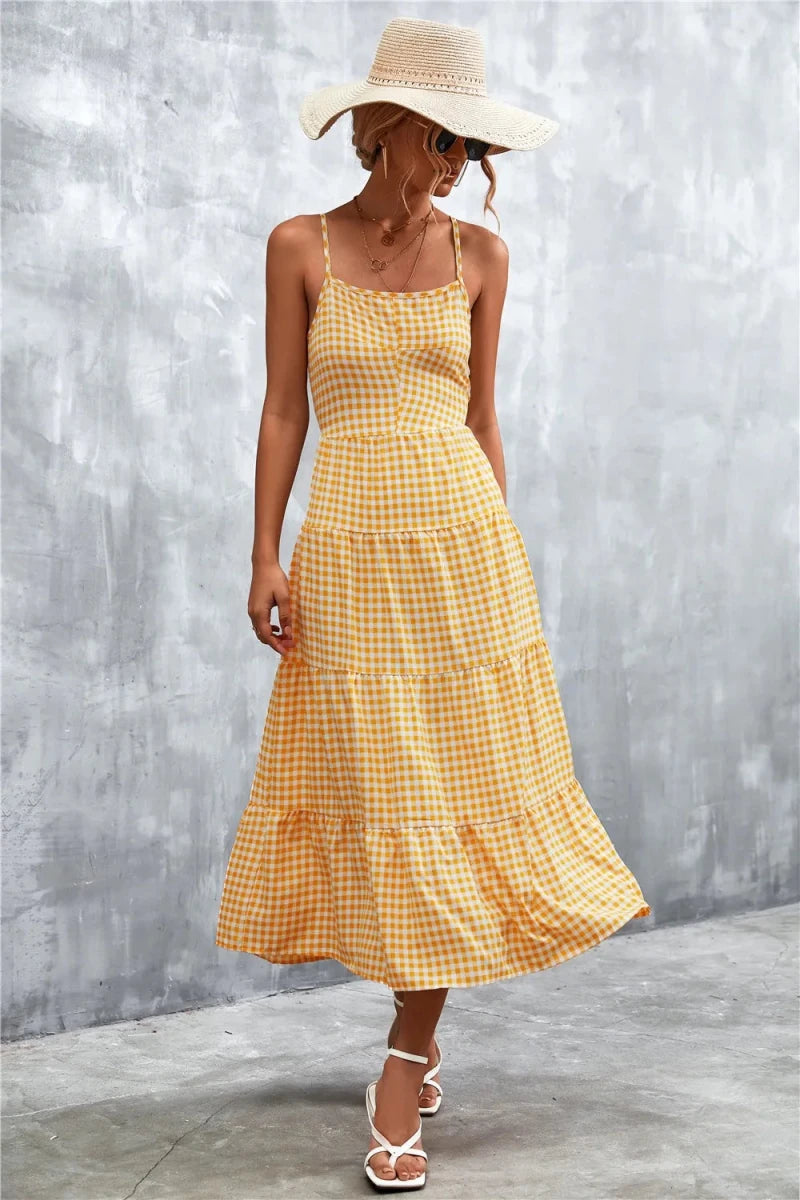 Plaid Square Neck Midi Cami Dress - Brick + Boho